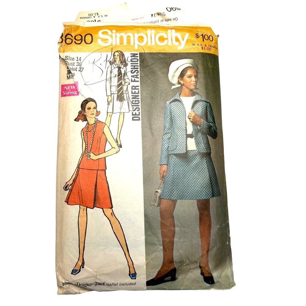 Simplicity Vintage 1970's Pattern #8690 Misses‎ Jacket/Skirt/Blouse Size 14